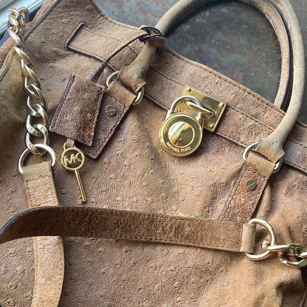 Michael Kors VTG Hamilton Ostrich Print Distressed Leather Satchel. Gold Accents